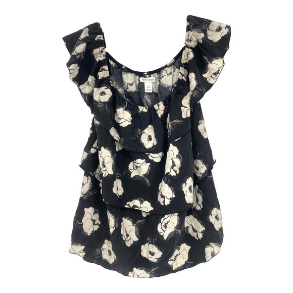 White House Black Market Tops - White House Black Market Women's Black White Floral Ruffled Tank Top, Size XL